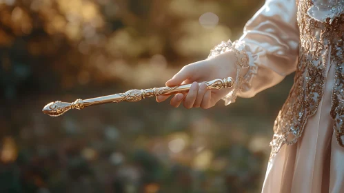 Ornate Golden Wand Held by Woman