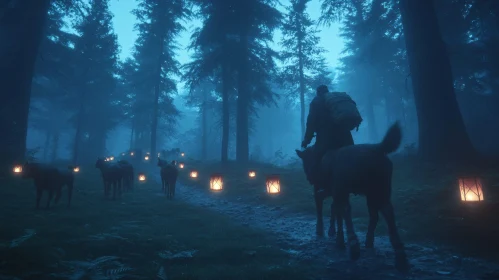 Mystical Lantern Lit Path Through Forest