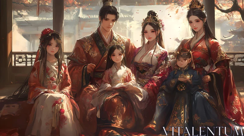 Family in Traditional Asian Clothing AI Image