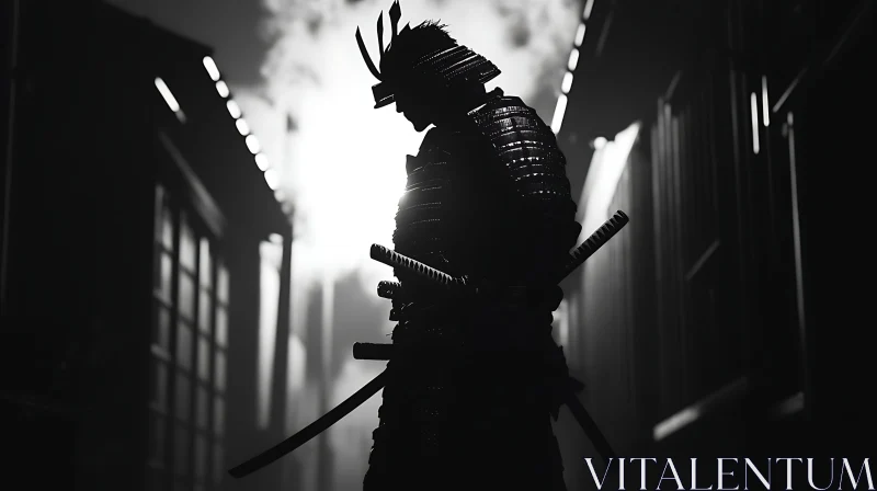 AI ART Monochrome Samurai Warrior in Alleyway