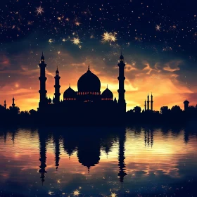 Serene Mosque Reflection Under Starry Twilight