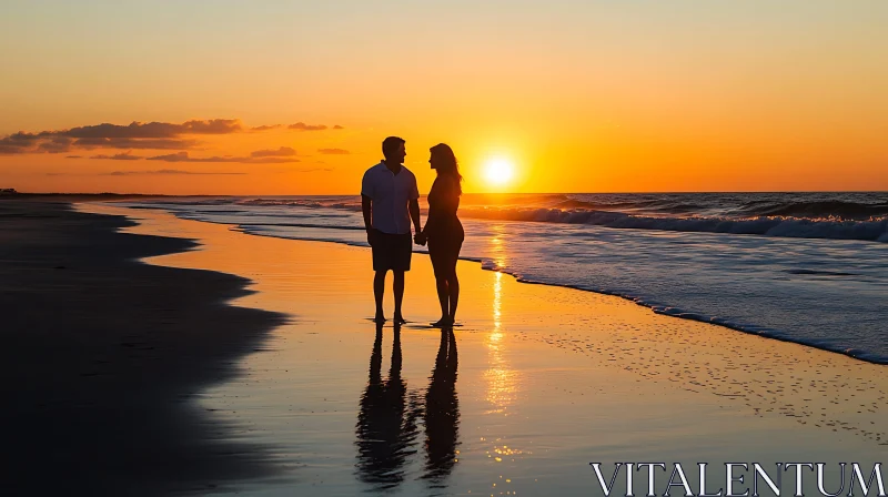 AI ART Sunset Reflections: Couple on the Beach