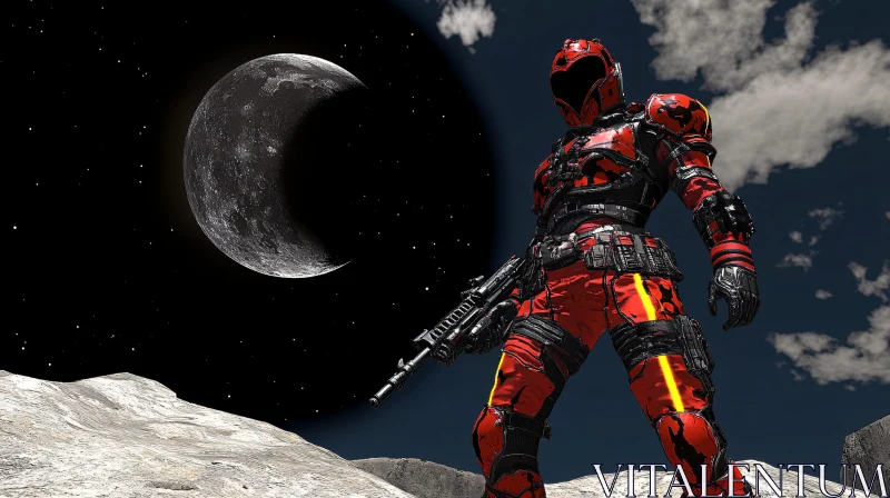 Crimson Sentinel: Lunar Protector in Sci-Fi Armor AI Image