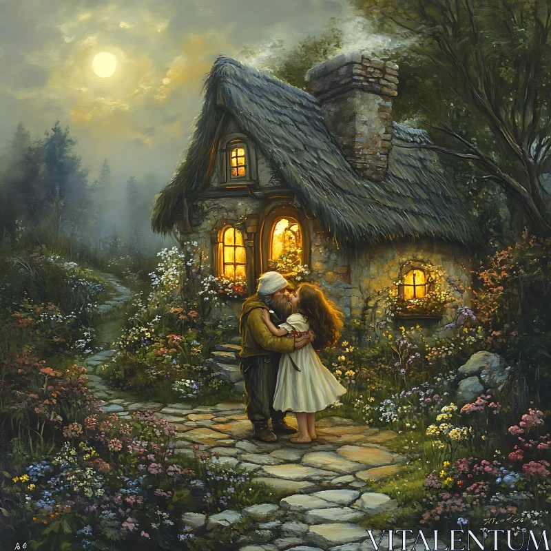 Moonlit Embrace at Cottage Door AI Image