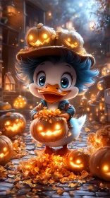 Whimsical Duck with Jack-o'-Lanterns