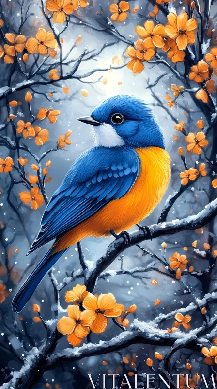 Blue Bird and Orange Flowers in Winter AI Image