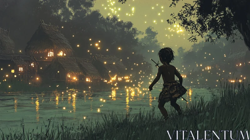 AI ART Childhood Wonder by the Glowing River