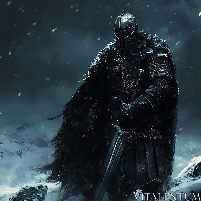 Dark Knight in Snowy Landscape AI Image