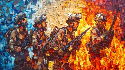Firefighters in a Mosaic Art Composition