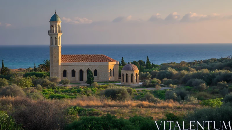 Seaside Architecture with Tower and Dome AI Image