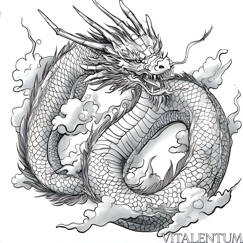 Coiled Dragon Sketch with Intricate Details AI Image