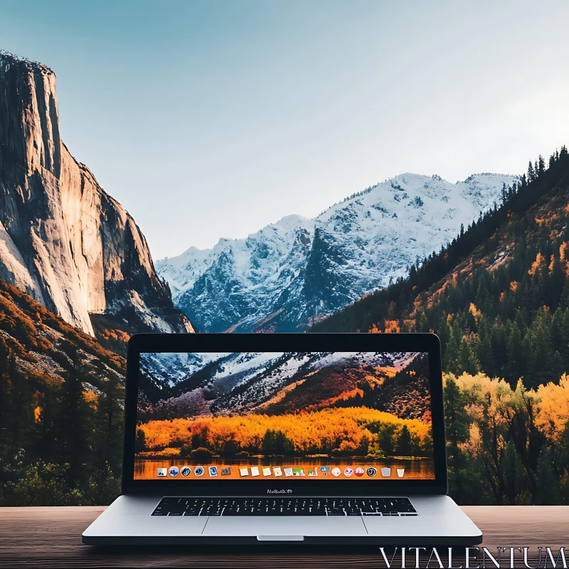 Laptop on Wooden Surface with Nature Scene AI Image