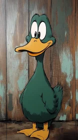 Cartoon Duck Character on Wooden Background