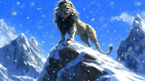 Majestic Lion in Winter Landscape