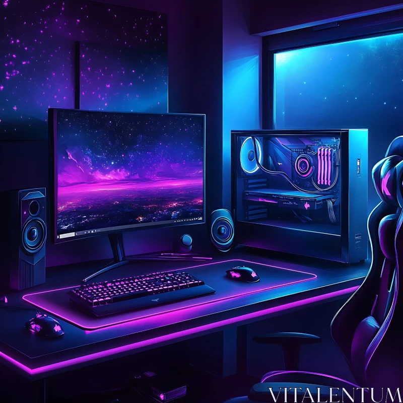 Neon-Lit Gaming Setup with Dual Monitors AI Image