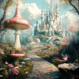 Whimsical Mushroom and Castle Landscape