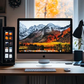 Autumn Landscape on Desktop in Modern Office Setup