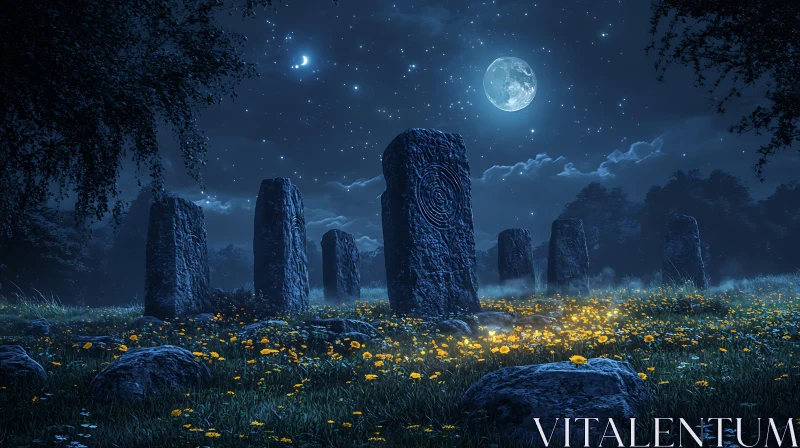 AI ART Enigmatic Stones in a Moonlit Meadow