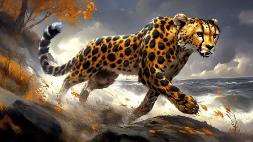 Cheetah on the Move by the Ocean