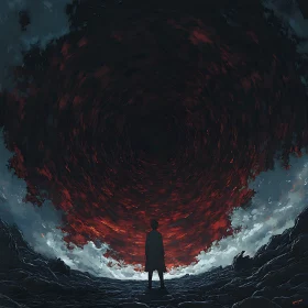 Figure Gazing into a Dark Red Portal