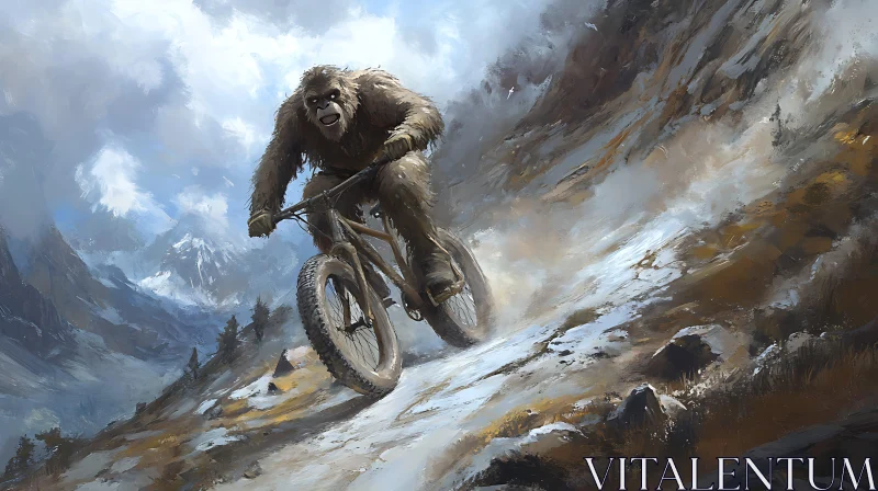 Sasquatch on Two Wheels: A Snowy Descent AI Image