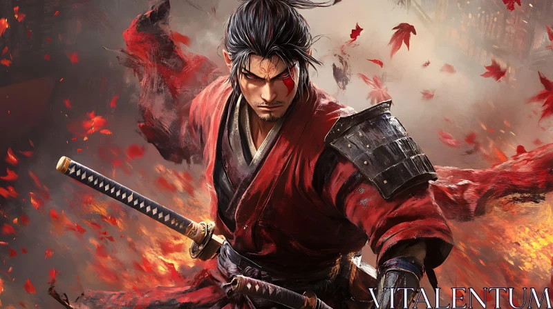 Red-Clad Samurai with Katana AI Image