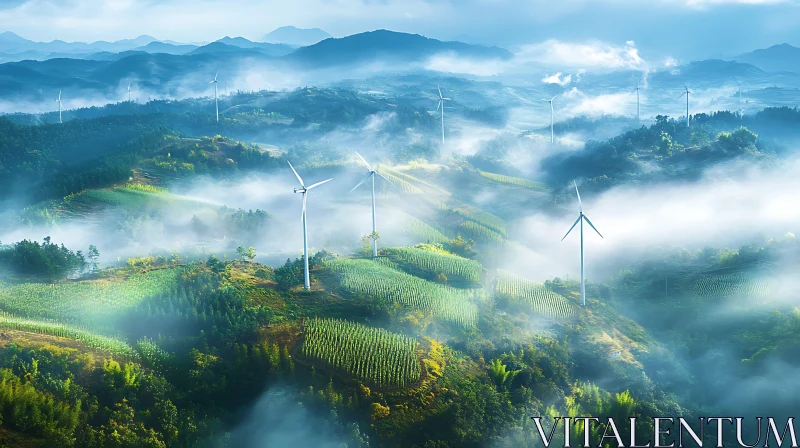 Foggy Landscape with Renewable Energy Source AI Image