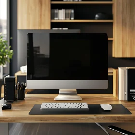 Stylish Workspace with Light Wood Desk and Large Monitor