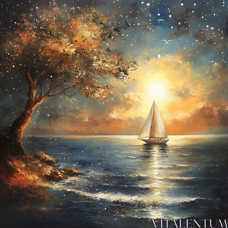 AI ART Sunset Sailboat Seascape with Tree