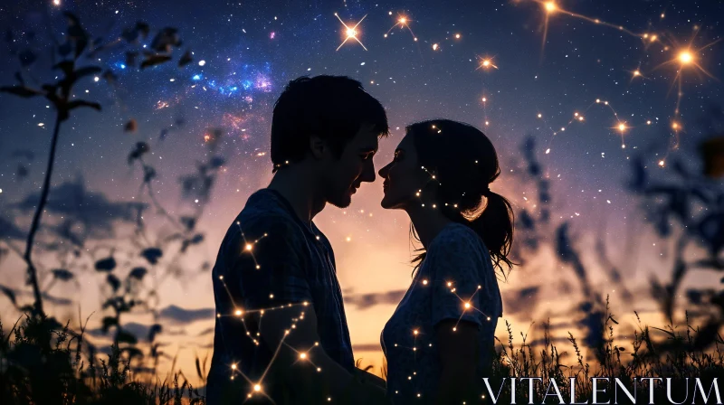 Couple's Silhouette Under a Starry Night AI Image