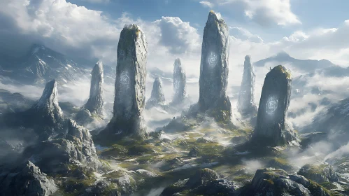 Ancient Stone Formations in Misty Mountains