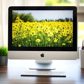 Serene Office Desk with Nature-Inspired Screen