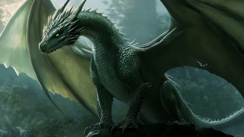 Green Dragon Perched on Rock