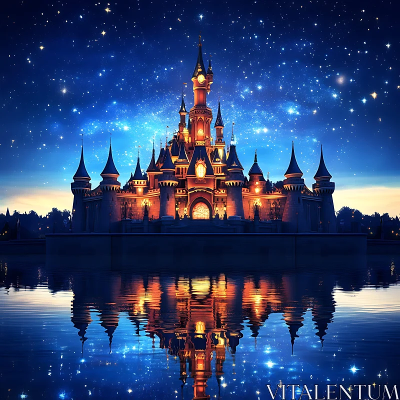 AI ART Nighttime Castle Reflection