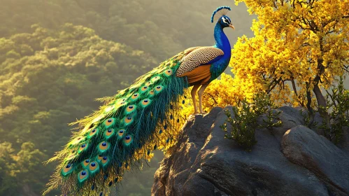 Peacock on a Rock with Yellow Flowers