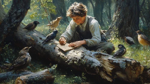 Child and Avian Companions in Woods