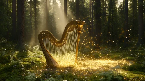 Golden Harp in Mystical Forest Scene