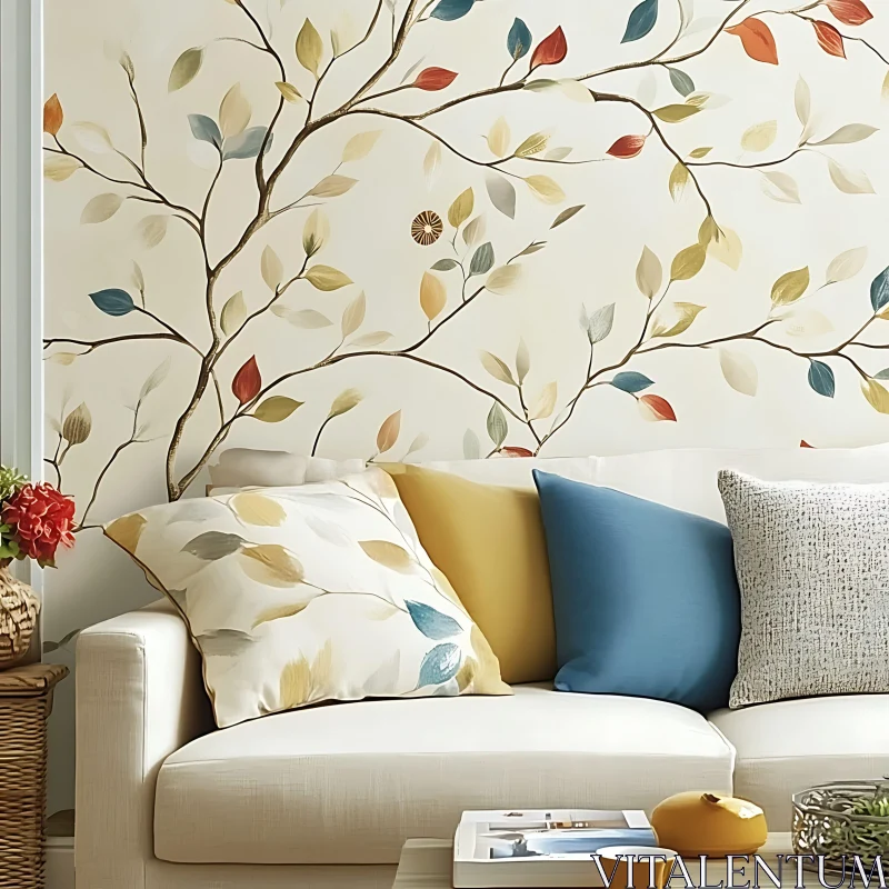 Living Room Decor with Leafy Wall Art AI Image