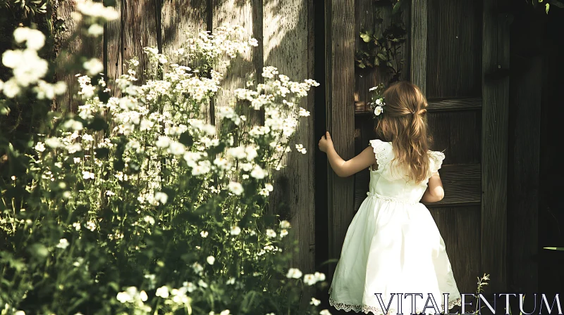 Childhood Innocence: A Girl's Floral Doorway AI Image