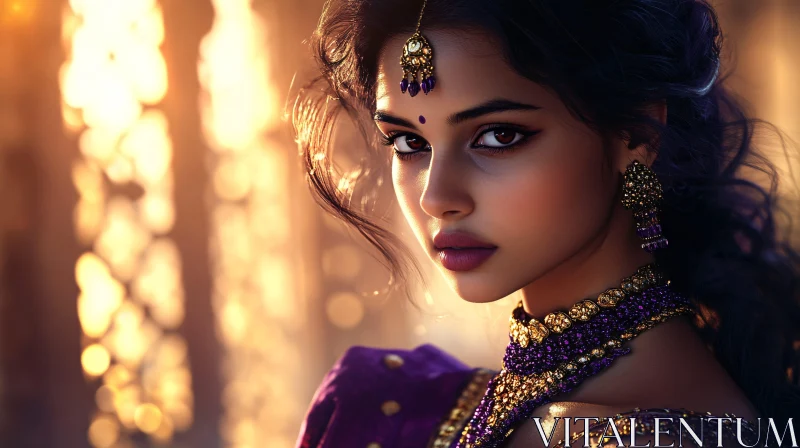 Beautiful Woman in Purple and Gold AI Image