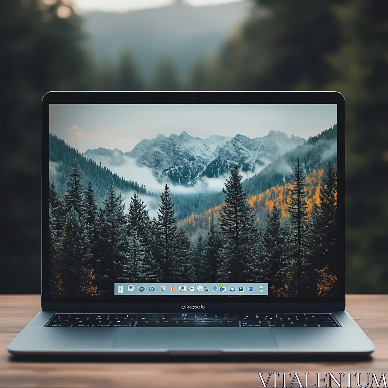 Nature on Laptop Screen: Forests and Snowy Mountains AI Image