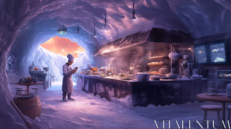 Chef in a Snowy Kitchen AI Image