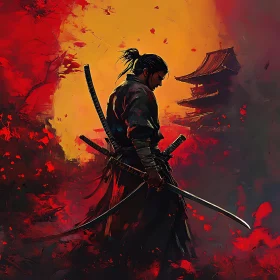 Contemplative Samurai in a Fiery Landscape