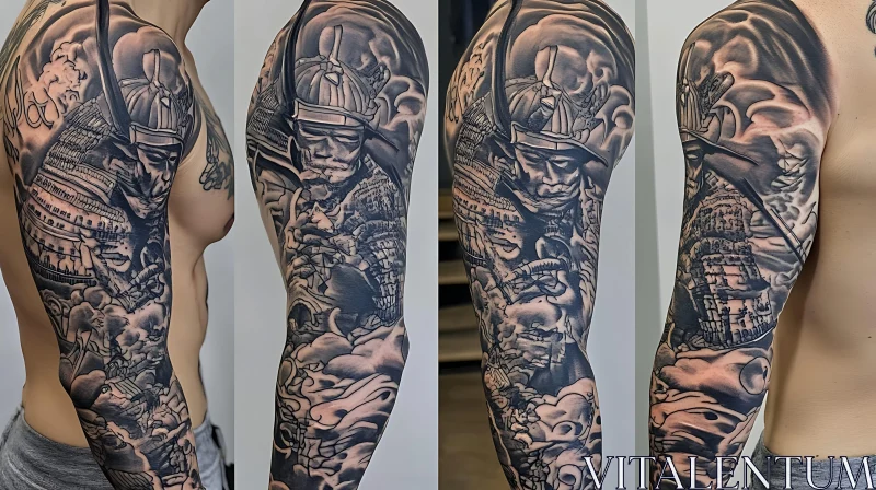 Monochrome Samurai Tattoo Art on Arm AI Image