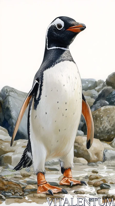 Penguin on Coastal Rocks AI Image