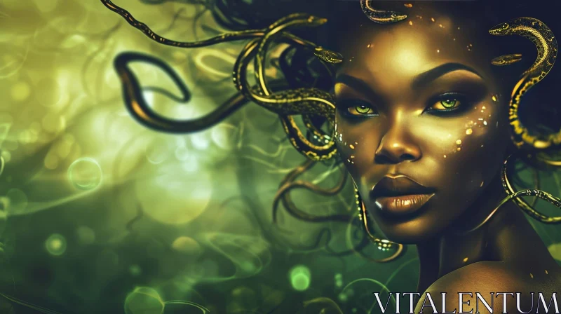 Enigmatic Dark-Skinned Woman with Green Eyes and Snakes AI Image