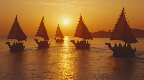 Camel Boats Sailing at Sunset