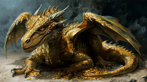 Golden Dragon Digital Painting: Majestic Guardian of Gold Coins
