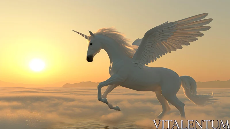 Majestic 3D Rendering: White Unicorn with Wings Soaring Over Clouds AI Image
