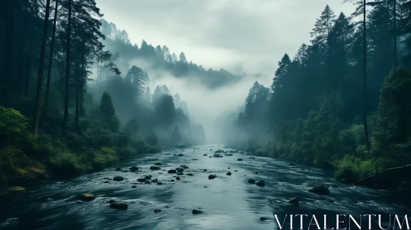 Misty Gothic Adventure - An Epic Landscape in Shades of Green and Blue AI Image